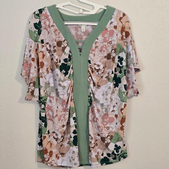 Cato Blouse, Women XL Green, Peach, White Floral, V-Neck w/Accents - Picture 1 of 10